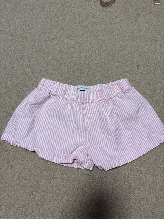 Bershka Pants - Bershka Pink & White Striped Button-Front Shorts